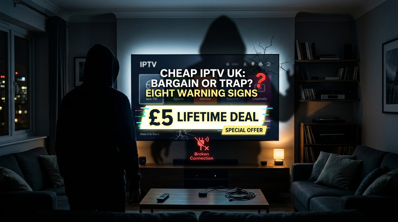 Shadowy figure beside a TV advertising a £5 lifetime IPTV deal