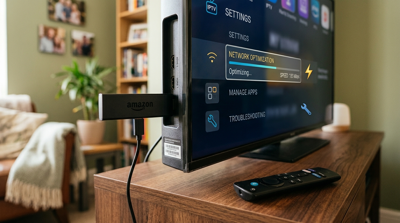 Fire TV Stick plugged into a TV showing network optimisation settings